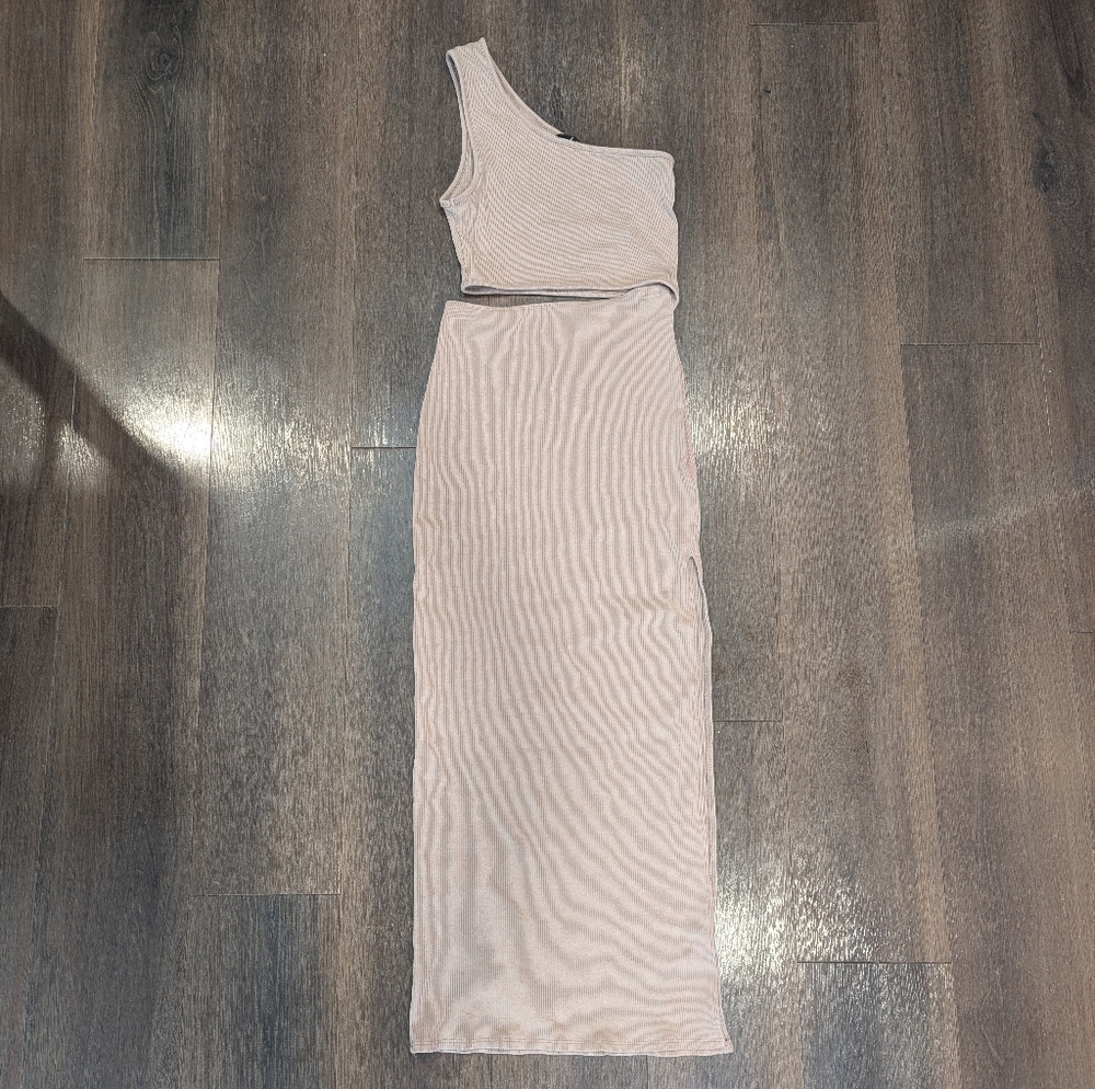 Lulus M tan one shoulder bodycon cutout maxi dress